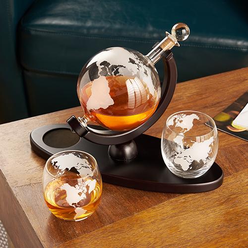 Decantor Globe cu 2 pahare, Suport din lemn