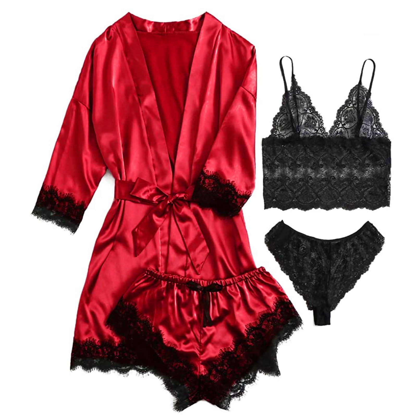 Set 4 piese, Pijama satin Dama, Rosu/Negru