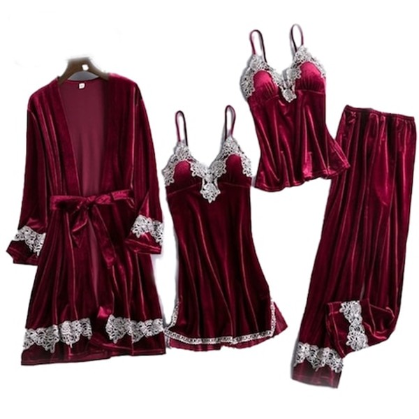 Set 4 piese, catifea, pijamale dama, Bordo