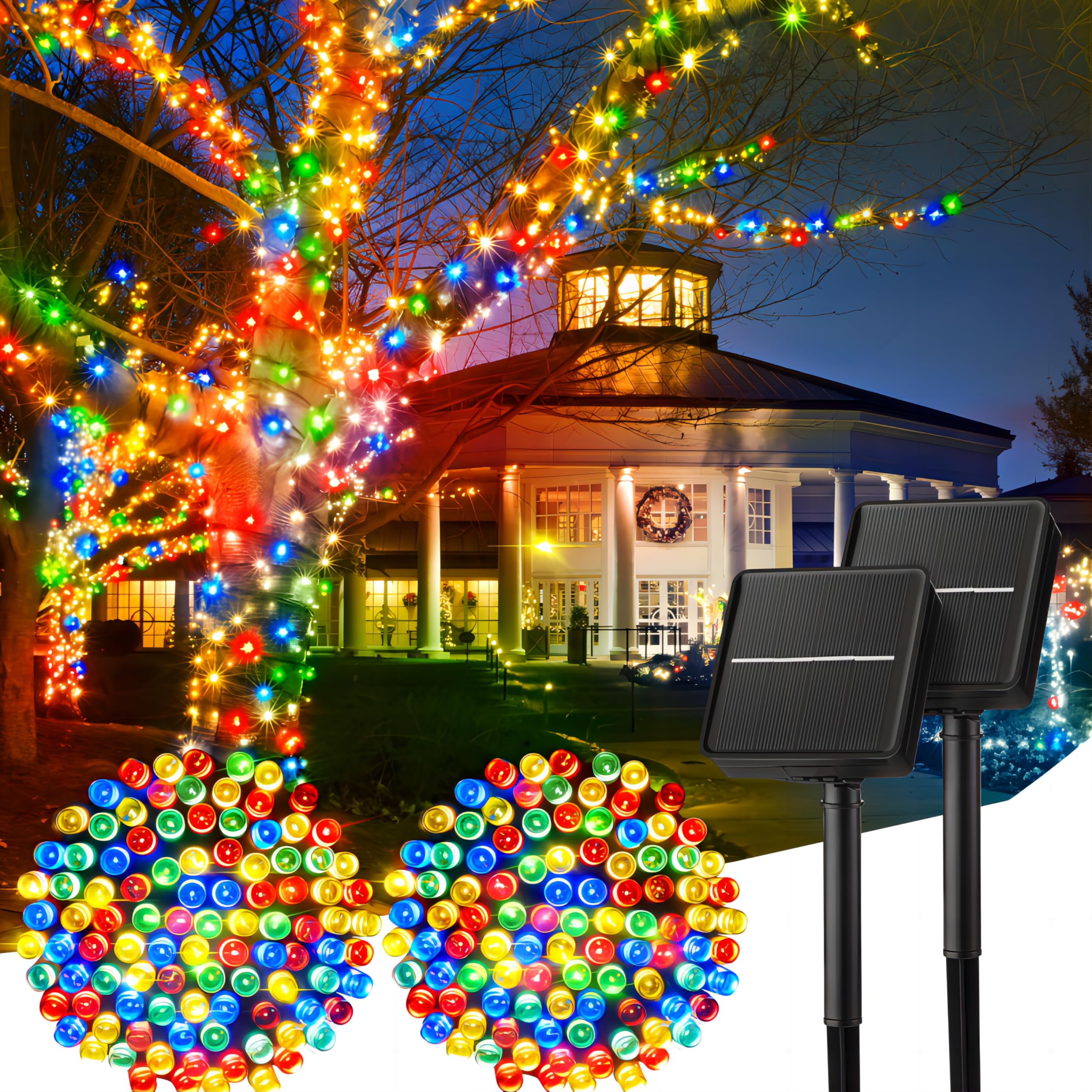 Set 2 x Instalatie solara 100 LED pentru exterior, Multicolor