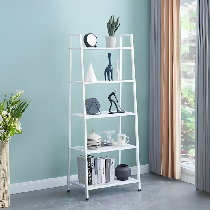 Raft metalic decorativ cu 5 polite, 150 cm, Alb