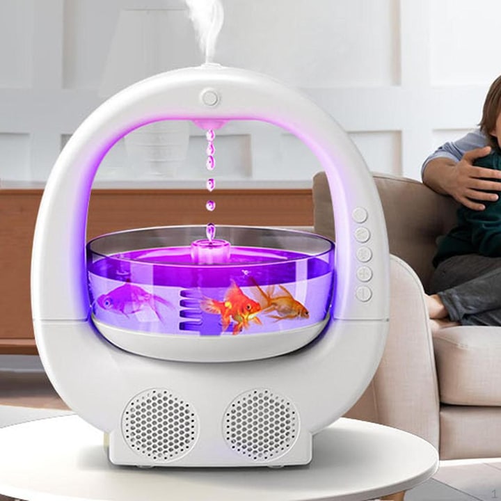 Umidificator RGB cu boxa Bluetooth si bol pentru pesti, Alb, 700 ml