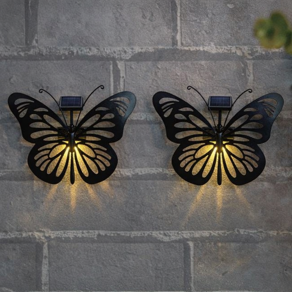 Set 2 x Decoratiune solara metalica, forma de fluture 34x26 cm, Negru