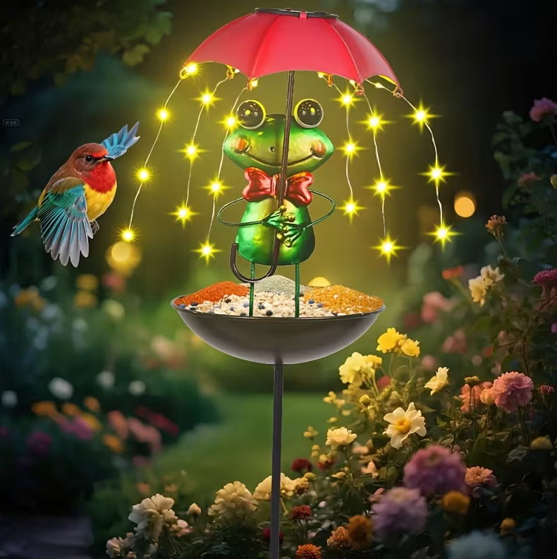 Lampa solara decorativa cu hranitoare pentru pasari, Model Broscuta