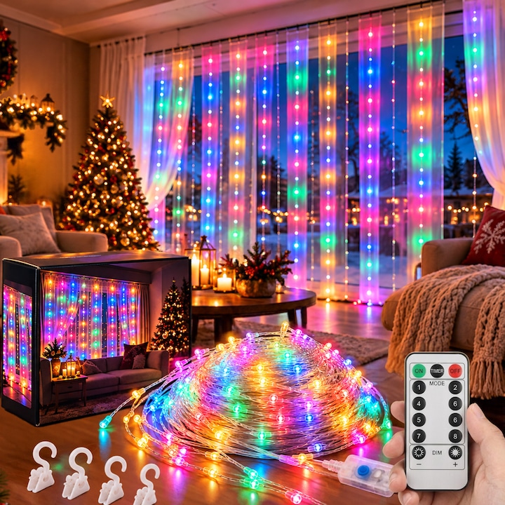 Instalatie Perdea LED 3x3 Metri, 300 LED, 8 Moduri de Iluminare, Multicolor