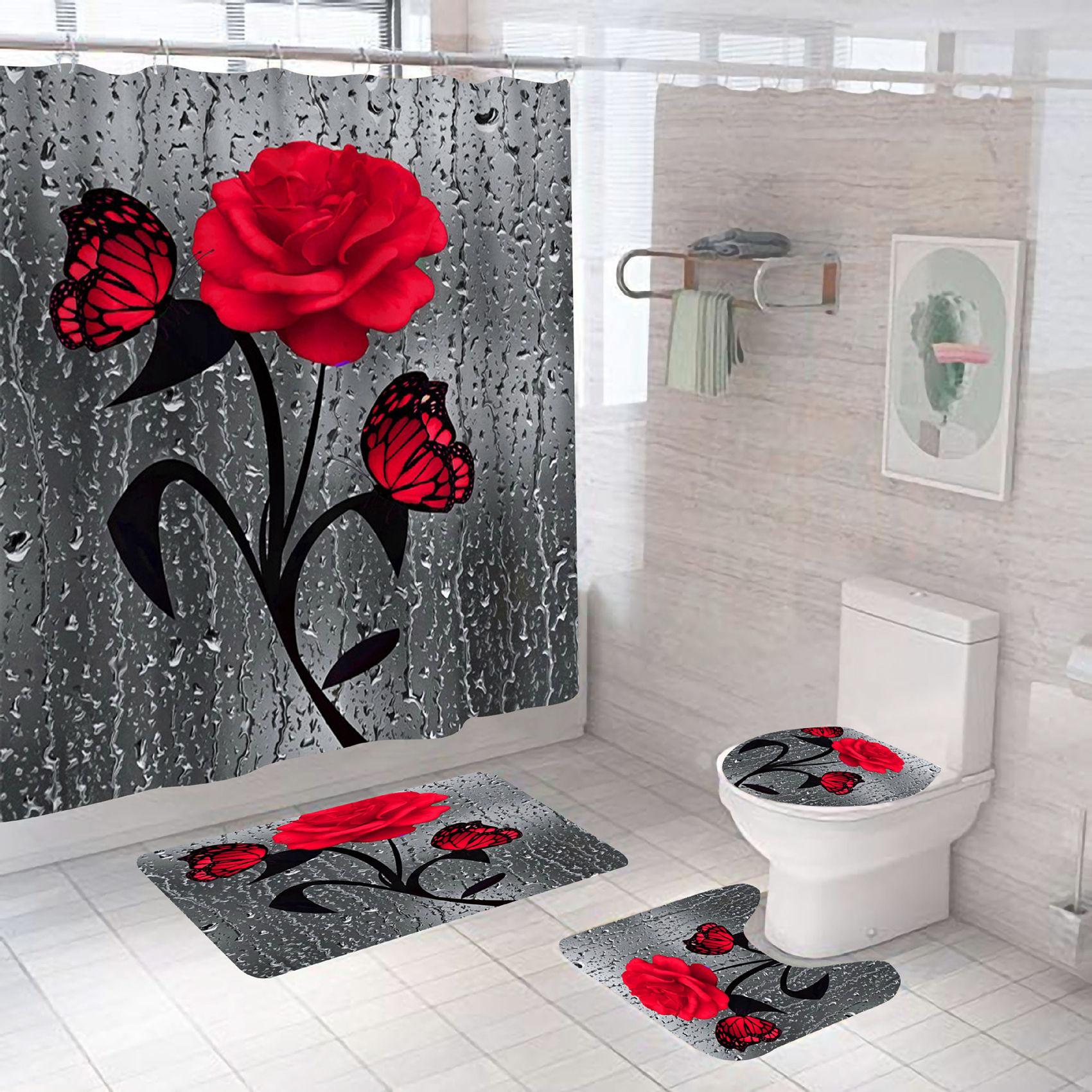 Set baie 4 piese: perdea, covorase si husa de toaleta, Red Rose