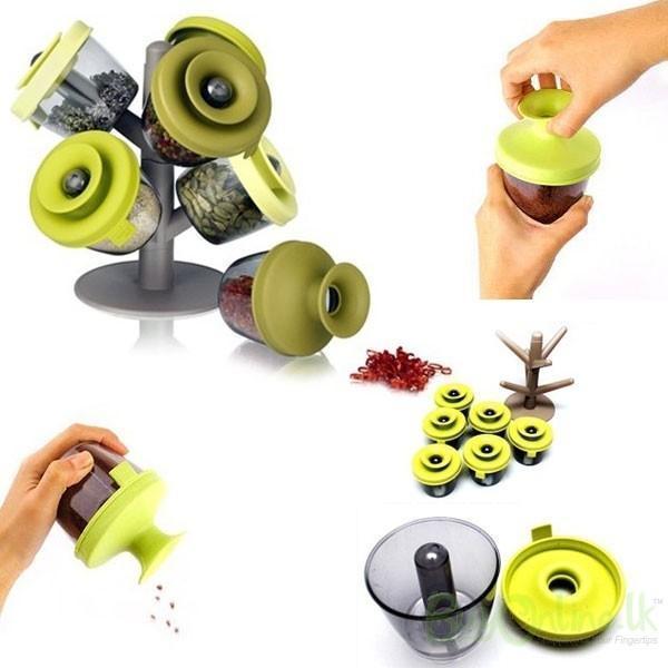 Suport cu 6 recipiente cu inchidere ermetica pentru condimente