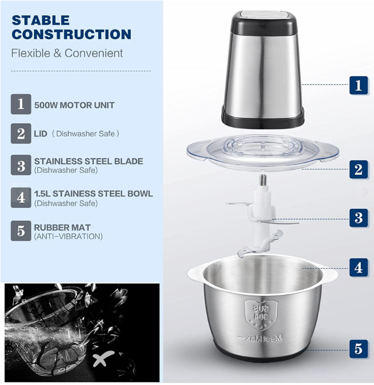 Tocator electric inox 250 W, 2 Litri, legume si fructe