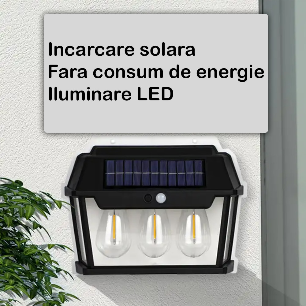 Lampa solara 3 becuri LED, Senzor de miscare si lumina