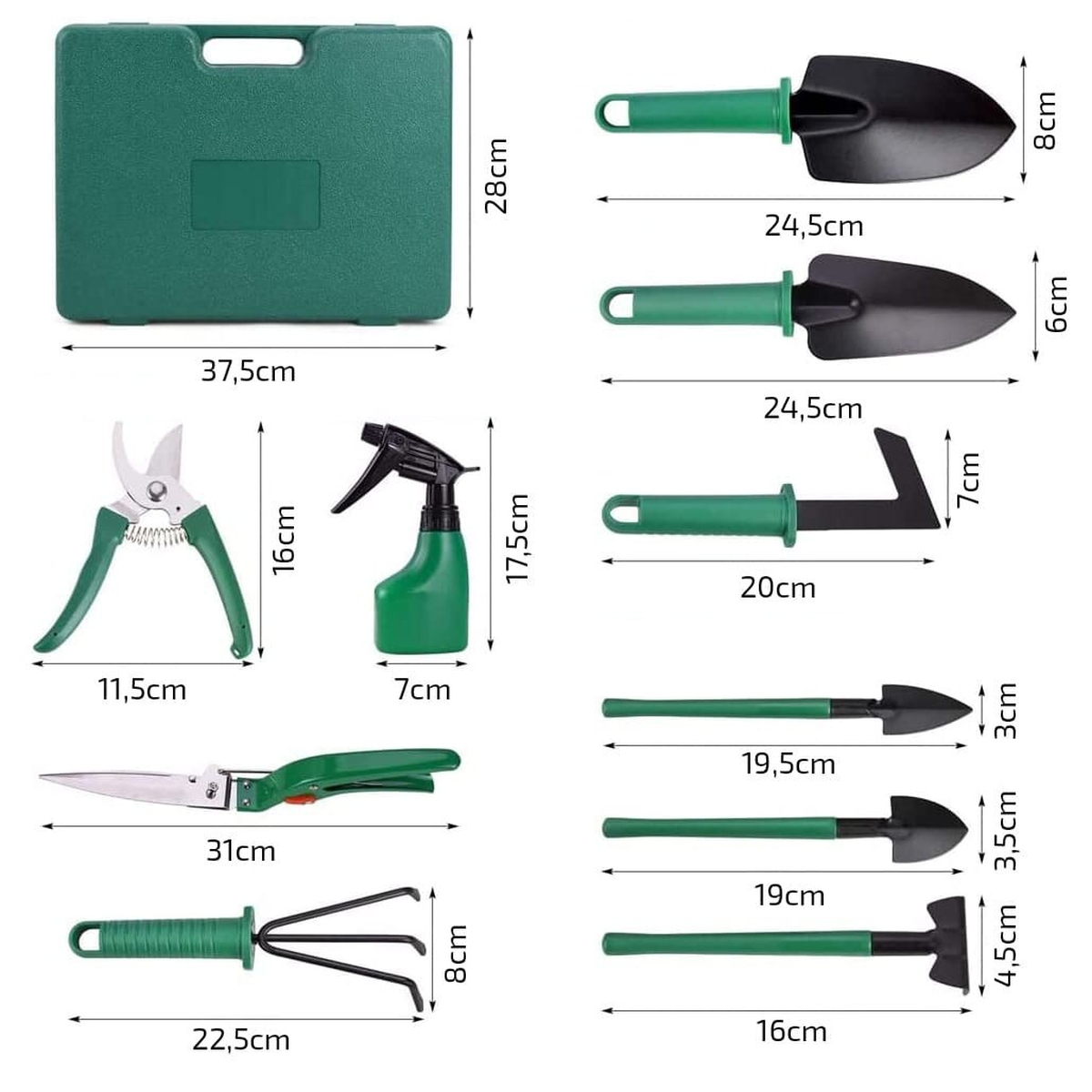 Trusa cu 10 unelte gradinarit, valiza transport, metal/plastic