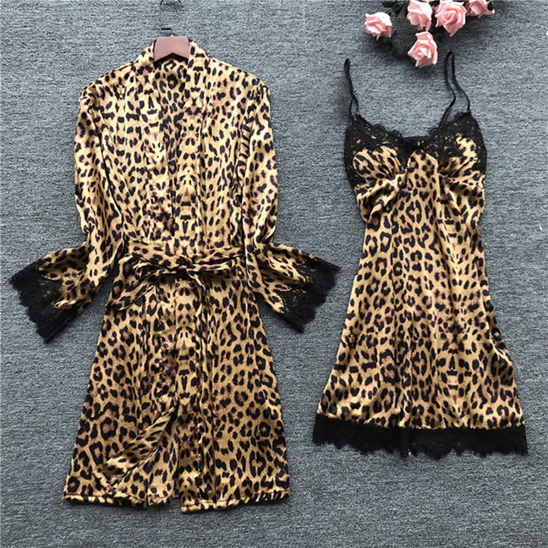 Set 4 piese, Pijama satin Dama, Leopard