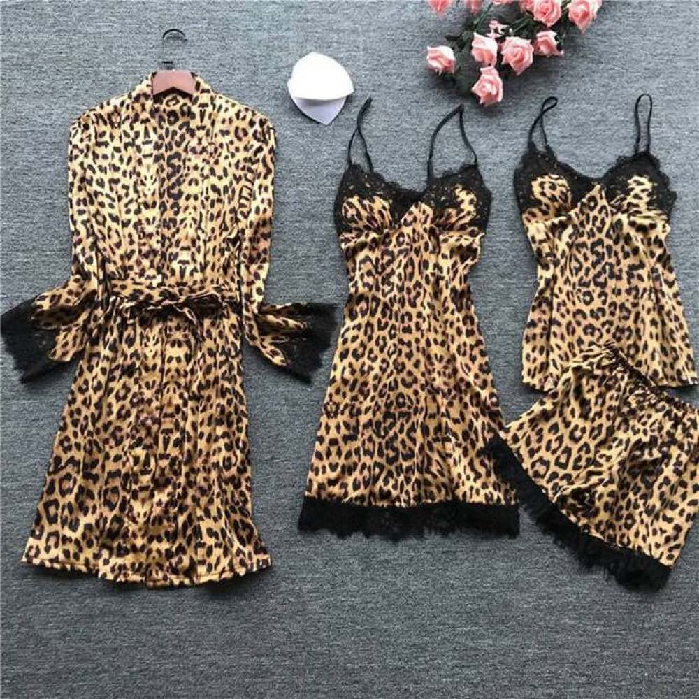 Set 4 piese, Pijama satin Dama, Leopard