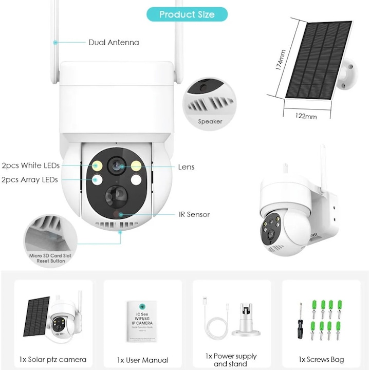 Camera video cu panou solar, Wifi, Smart, 4MP, Alb/Negru