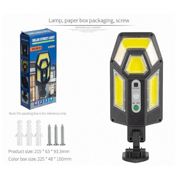 Lampa solara 63 LED COB, 50 W, Telecomanda, Senzor de miscare