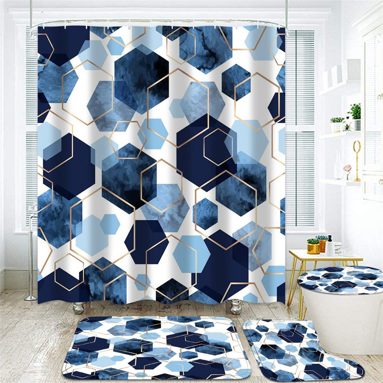 Set baie 4 piese: perdea, covorase si husa de toaleta, Blue Hexagon