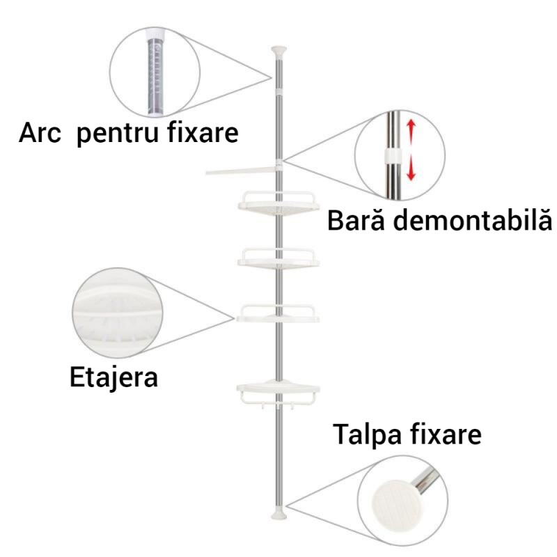 Etajera telescopica baie, 4 rafturi, 100-260 cm