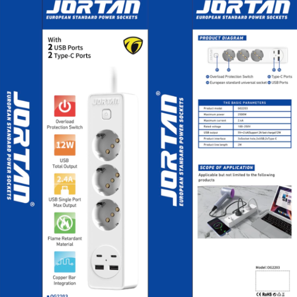 Set 2 x Prelungitor 2 prize, 2 USB, 2 USB-C, Jortan