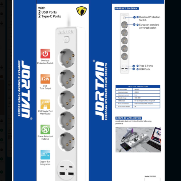 Set 2 x Prelungitor 2 prize, 2 USB, 2 USB-C, Jortan