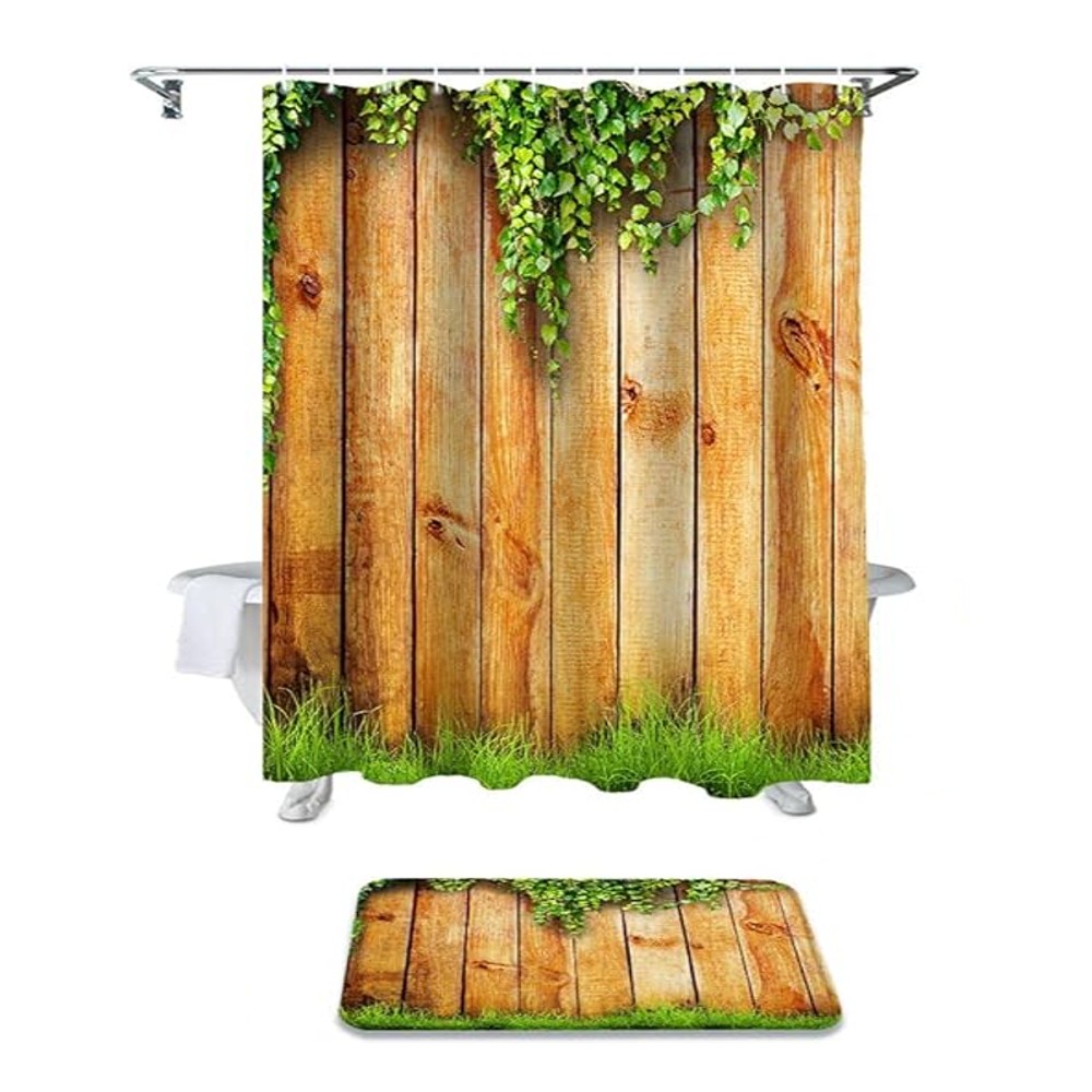 Set baie 2 piese: perdea si covoras, model Grass