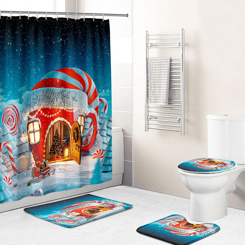 Set baie 4 piese: perdea, covorase si husa de toaleta, Christmas Home