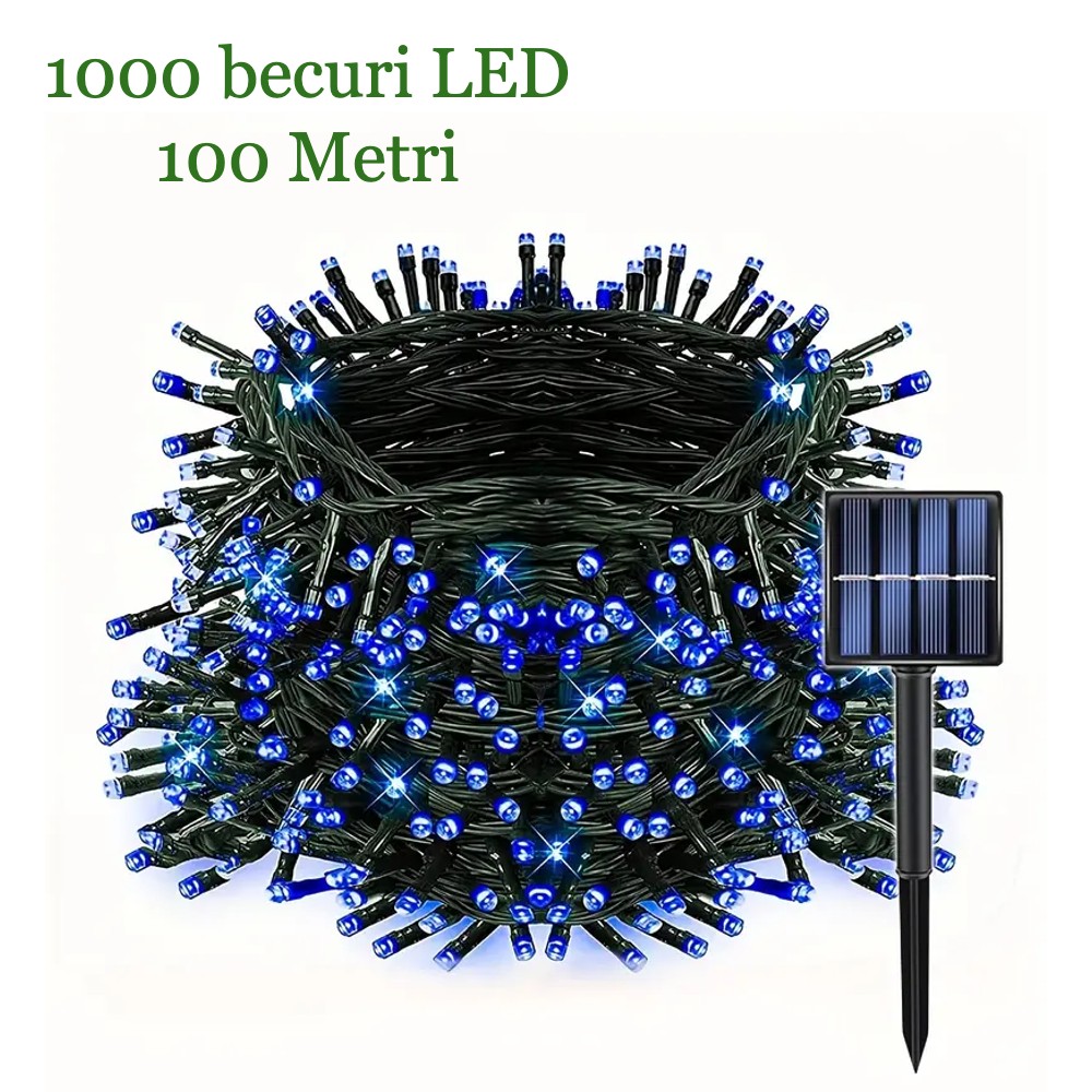 Instalatie solara 1000 LED, 100 Metri, Albastru