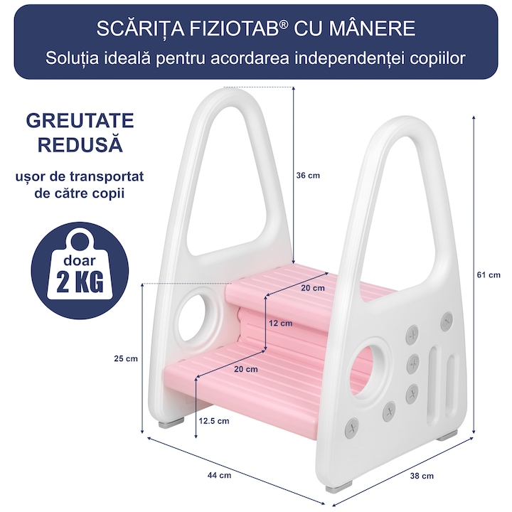 Inaltator cu manere pentru copii, suprafata antialunecare, Alb/Roz