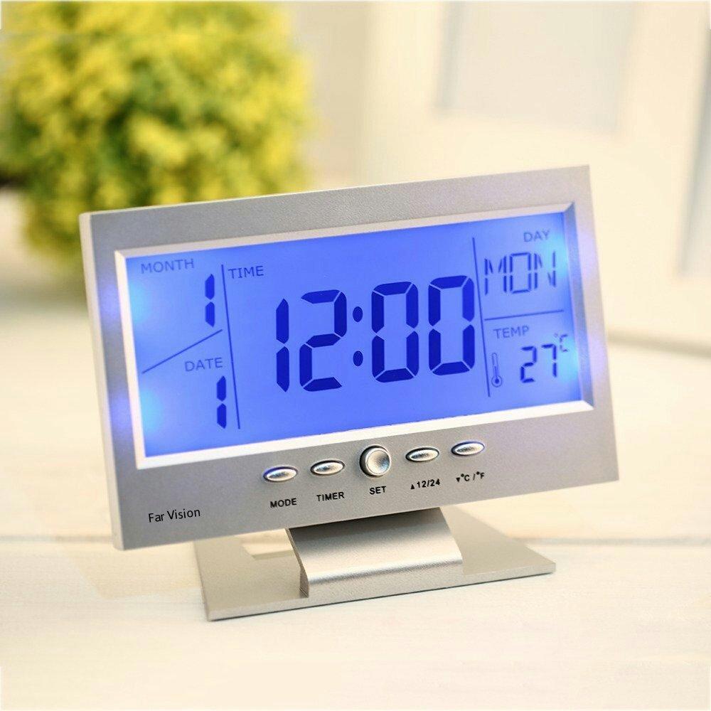 Ceas cu ecran LCD si control vocal, Argintiu/Negru