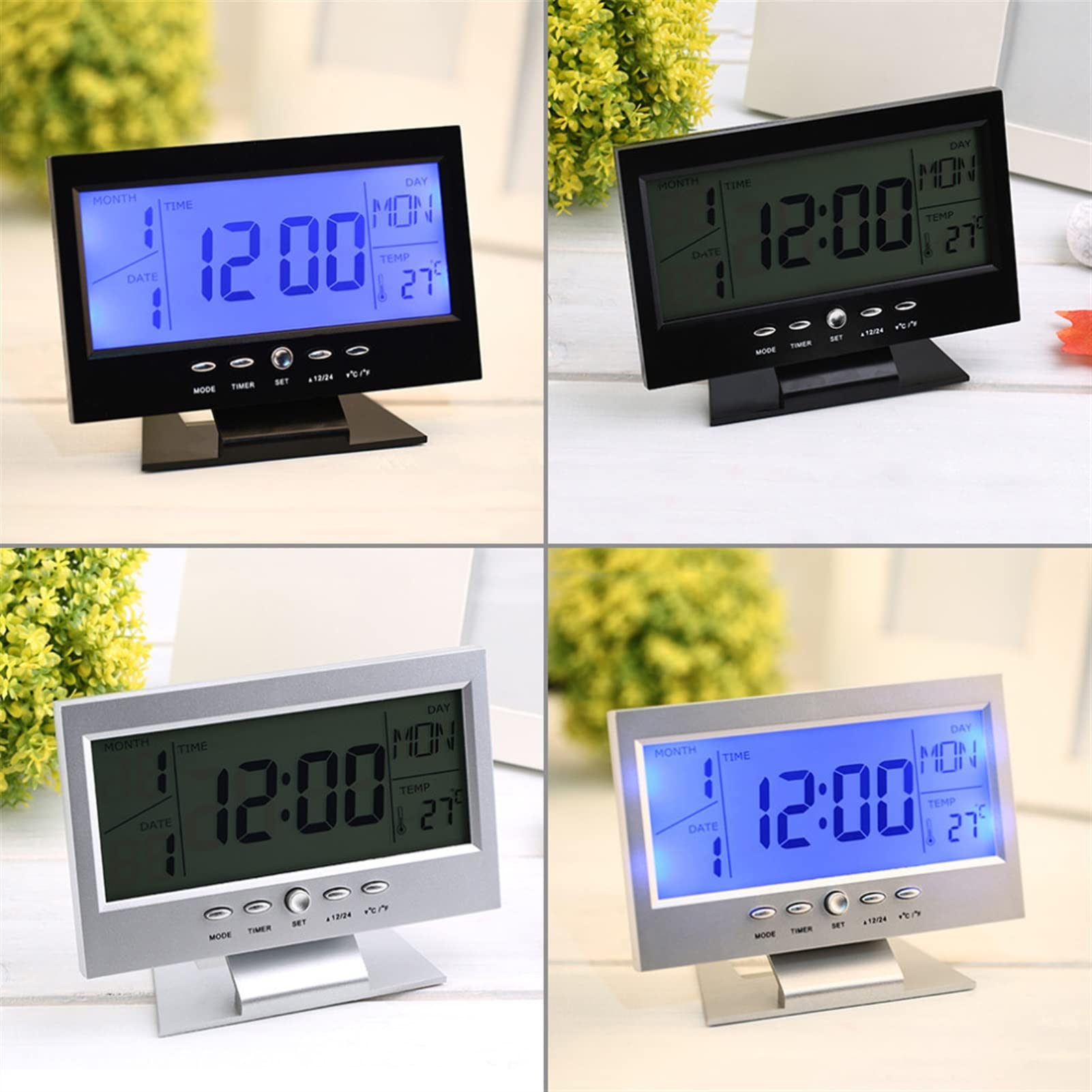 Ceas cu ecran LCD si control vocal, Argintiu/Negru