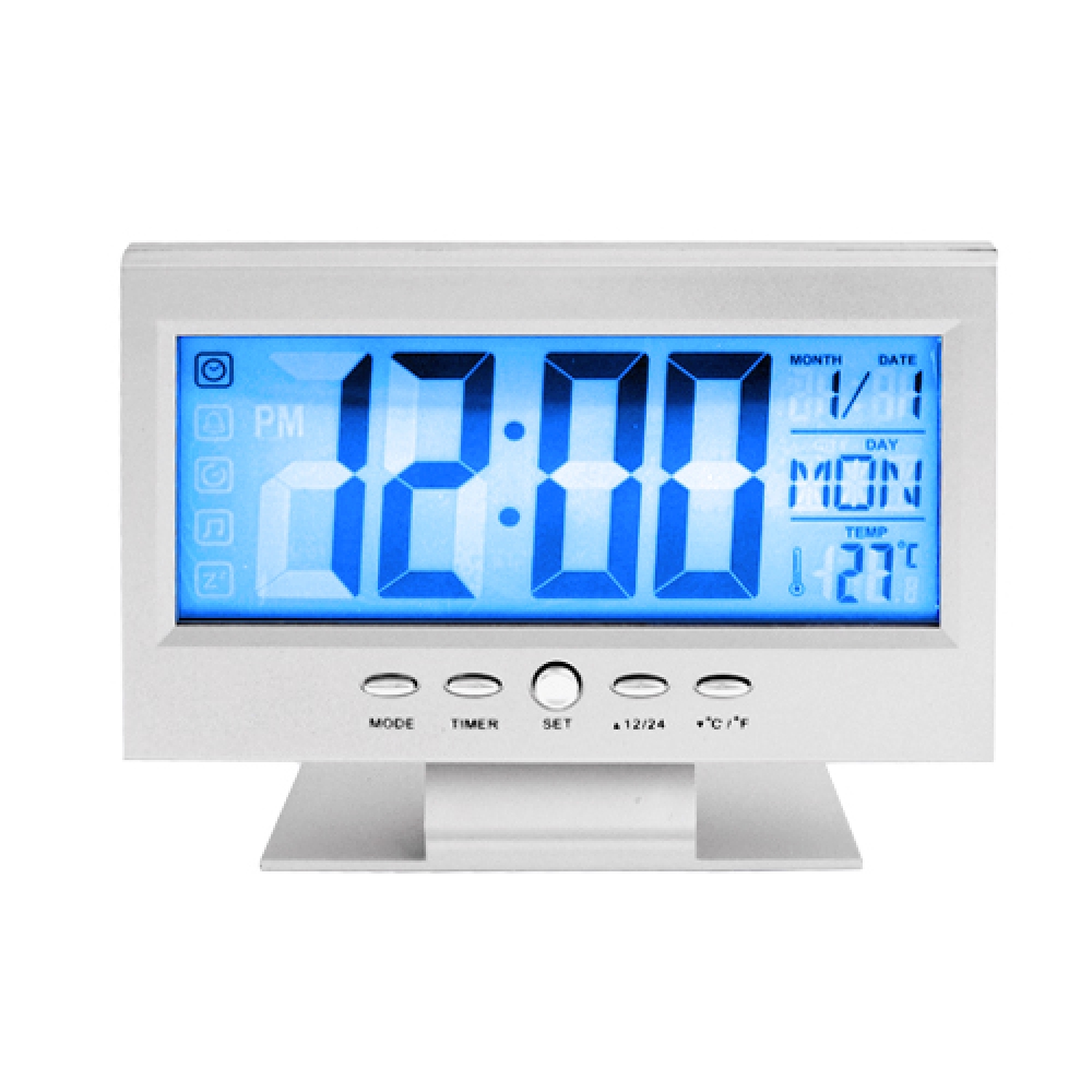 Ceas cu ecran LCD si control vocal, Argintiu/Negru