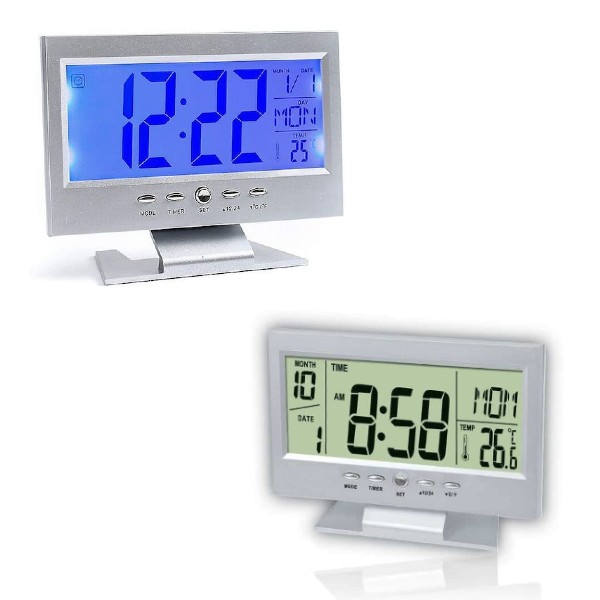Ceas cu ecran LCD si control vocal, Argintiu/Negru