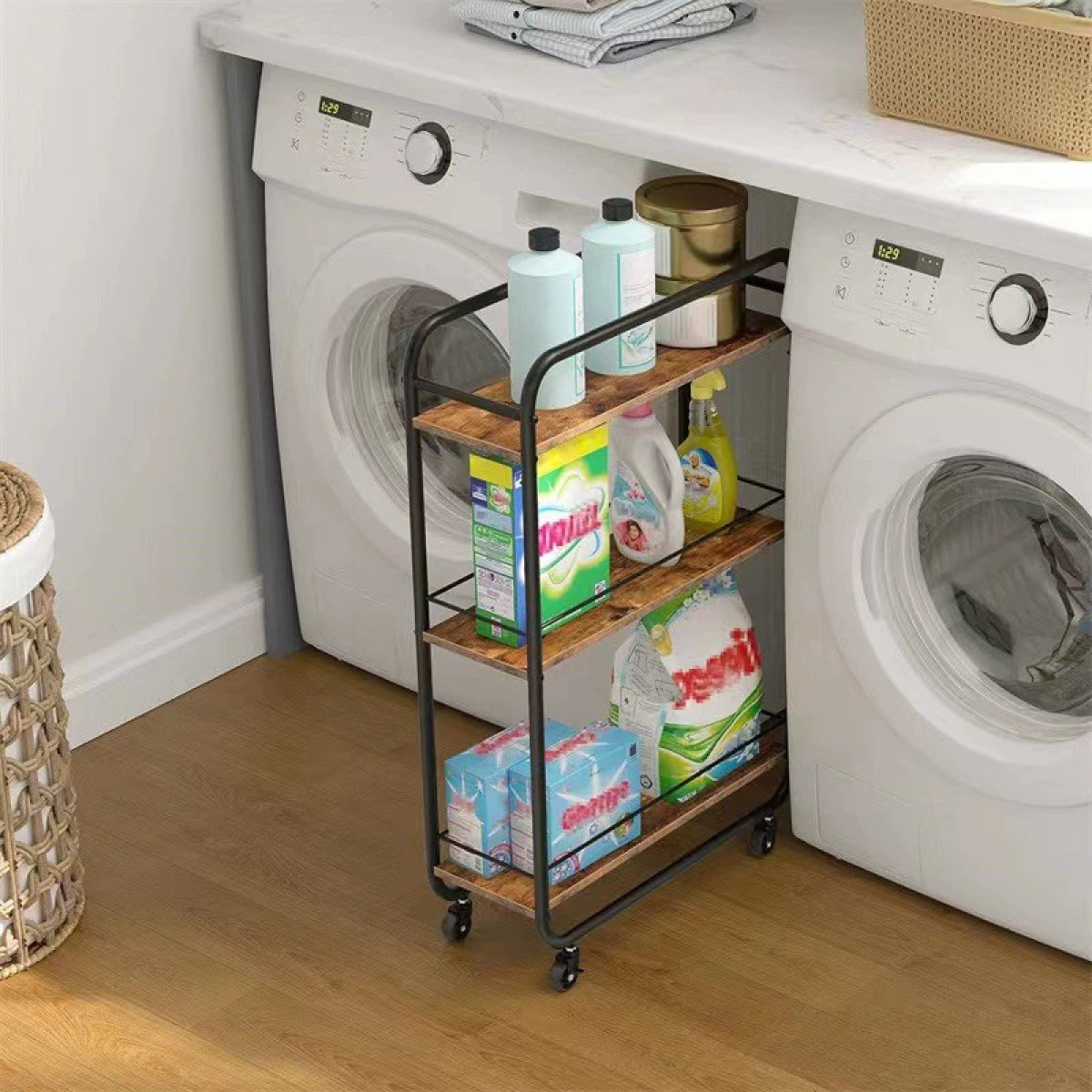 Raft slim metalic cu 3 polite MDF, 81 cm
