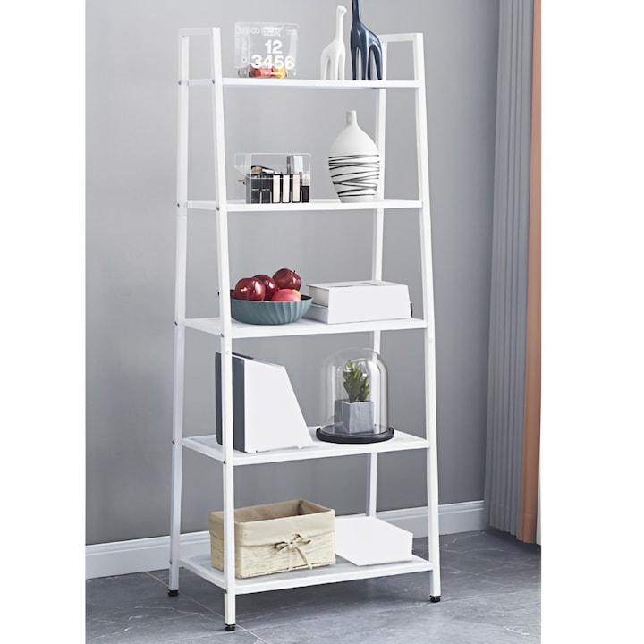 Raft metalic decorativ cu 5 polite, 150 cm, Alb