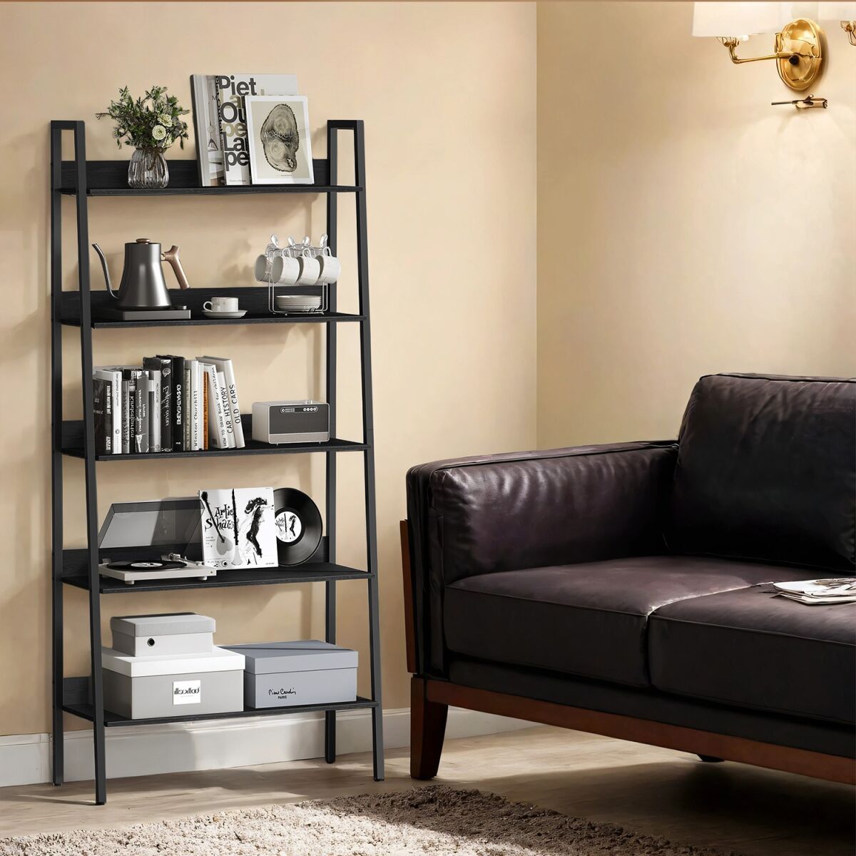 Raft metalic decorativ cu 5 polite, 150 cm, Negru