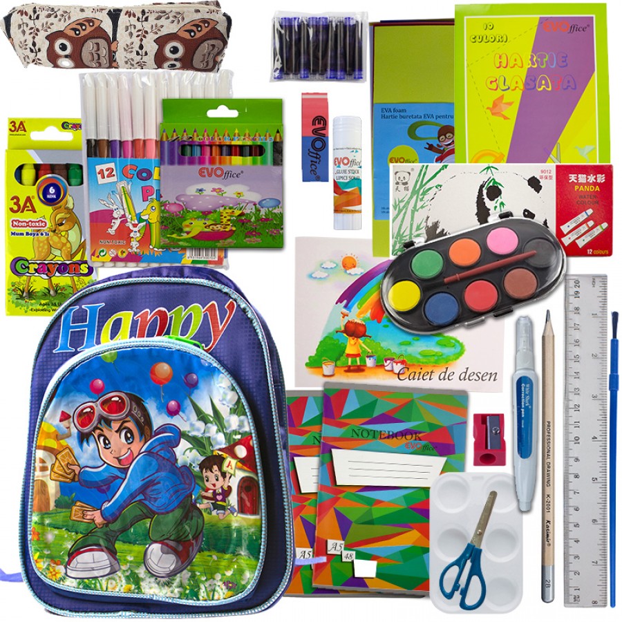 Ghiozdan complet echipat clasa 0, model baieti, 87 piese