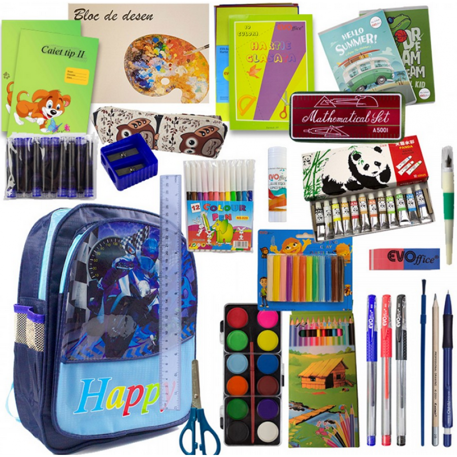 Ghiozdanul Scolarului, complet echipat, clasa 1-2, model baieti, 136 piese