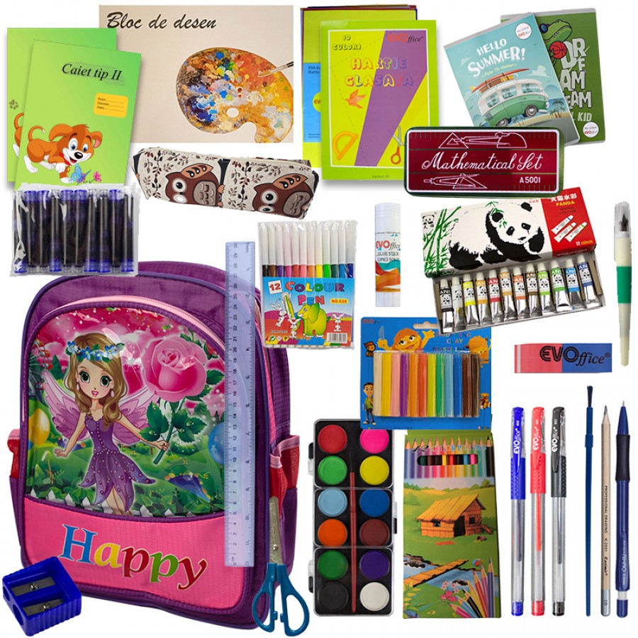 Ghiozdanul Scolarului, complet echipat, clasa 1-2, model fete, 136 piese