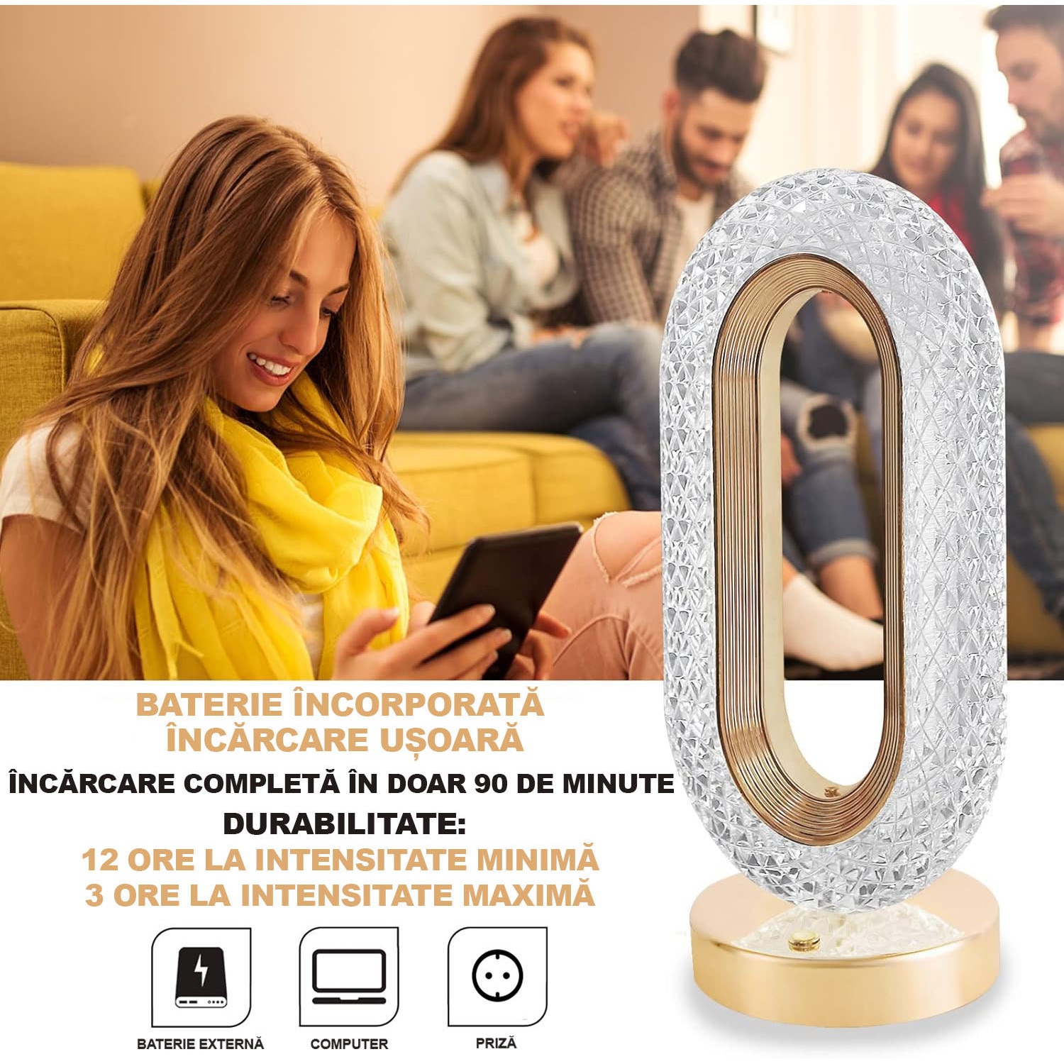 Lampa Diamond, Touch, USB, 3 moduri