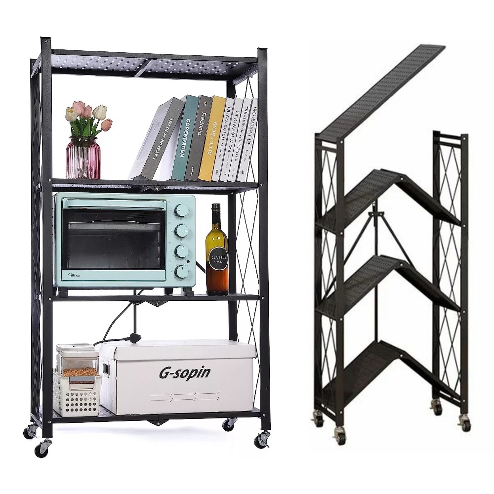 Raft metalic pliabil cu 4 polite, Negru