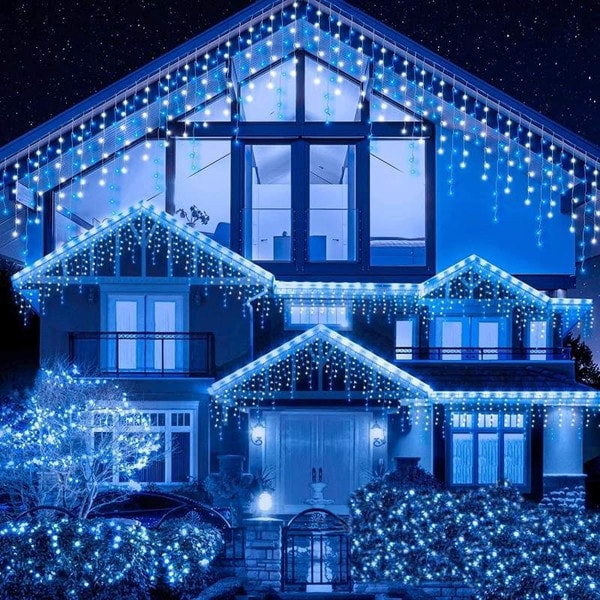 Instalatie franjuri, 300 LED, 12 metri, 8 jocuri de lumini, Albastru