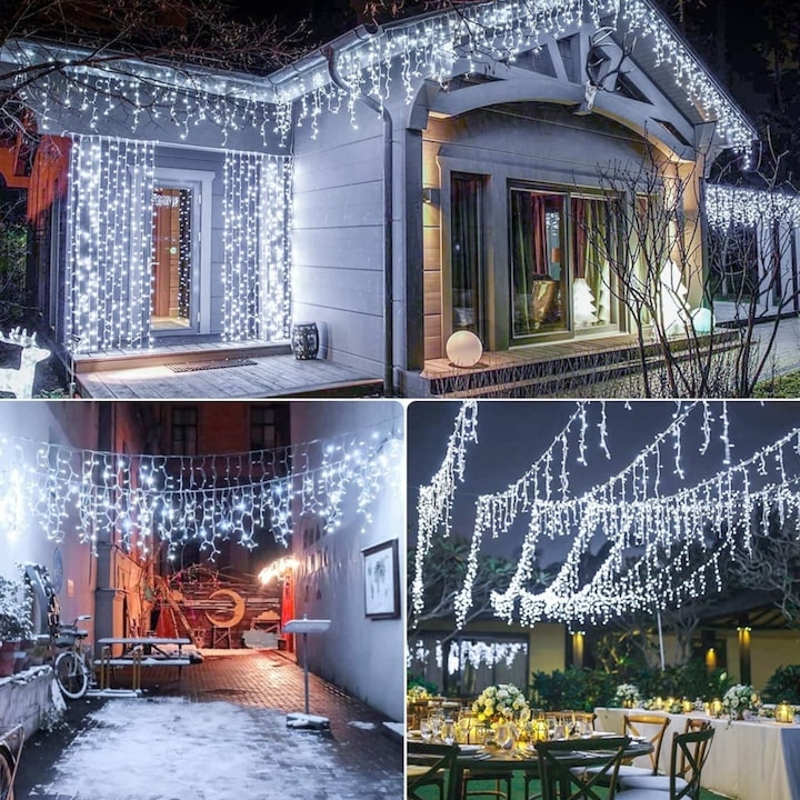 Instalatie franjuri, cu LED-uri tip turturi, 12 metri, Alb rece