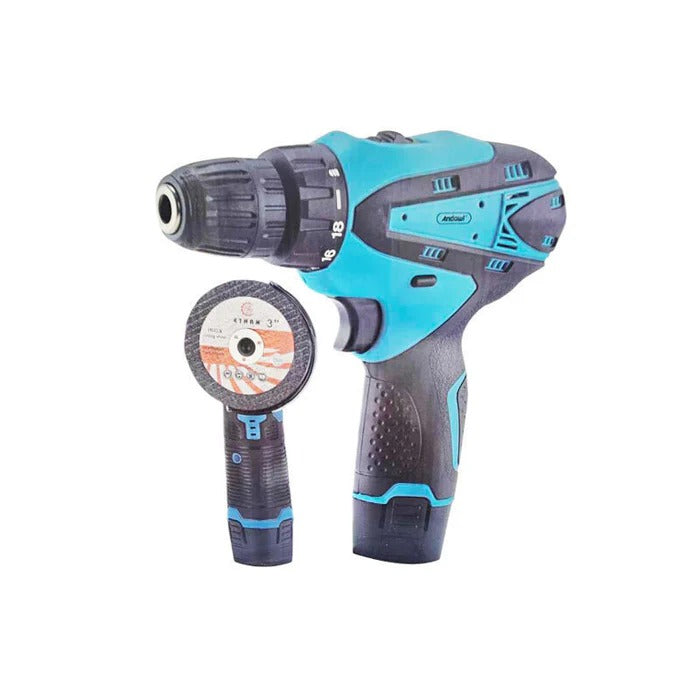 Masina de gaurit cu impact 12V + Mini polizor unghiular, 2 baterii, 5 discuri