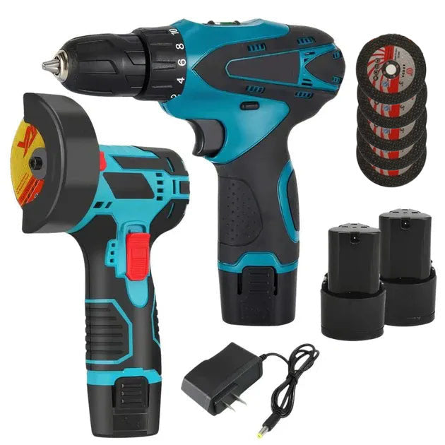 Masina de gaurit cu impact 12V + Mini polizor unghiular, 2 baterii, 5 discuri