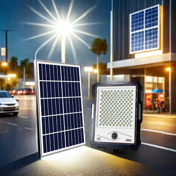 Proiector 200 W cu panou solar si camera de supraveghere