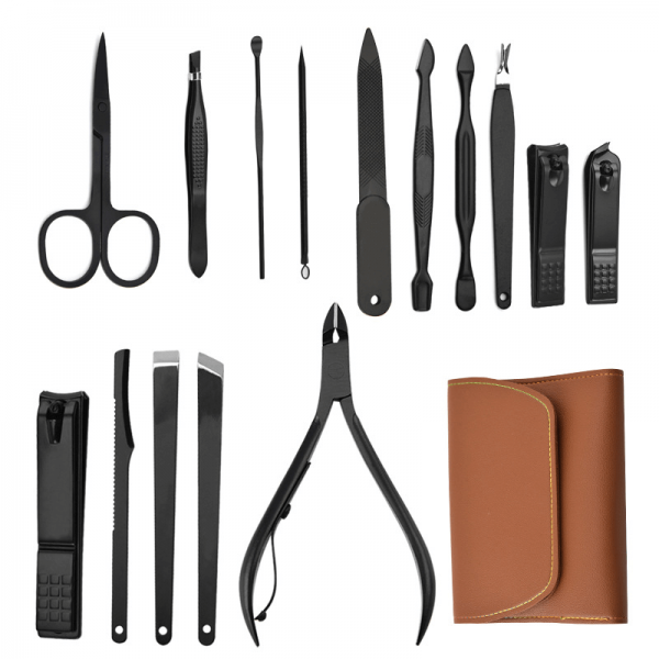 Trusa de manichiura/pedichiura, 16 piese, husa maro