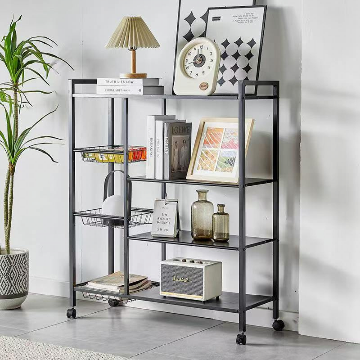 Raft metalic cu 4 polite, 108 cm, Negru