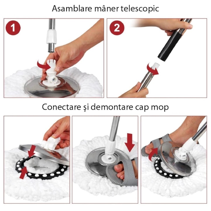 Mop rotativ cu galeata, Maner Inox + 5 Rezerve
