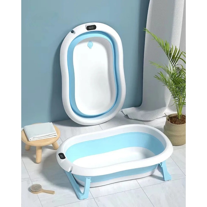 Cadita pliabila bebelusi cu termometru digital, Albastru