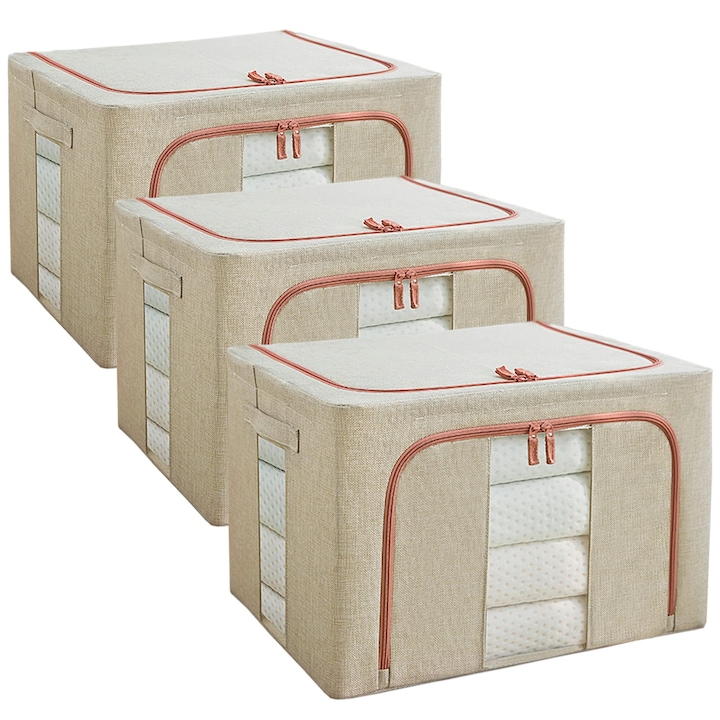 Set 3 cutii pliabile pentru depozitare, 24L, 66L, 100L, Crem