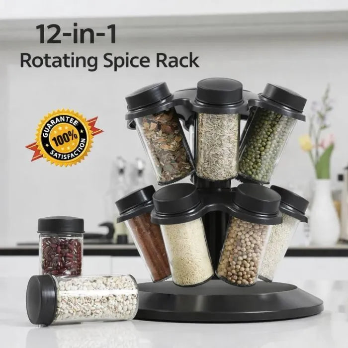 Suport rotativ cu 12 borcane pentru condimente, capace detasabile
