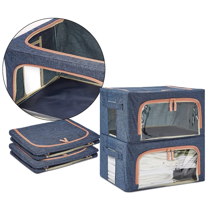 Set 3 cutii pliabile pentru depozitare, 24L, 66L, 100L, Albastru